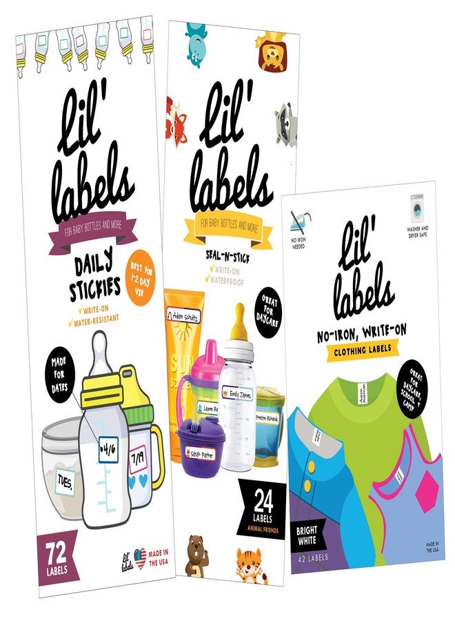 Lil' Labels Daycare MEGA Pack - Write On Kids Name Tags, Waterproof: Animal Bottle Tags/Clothing Labels/Date Labels - Image 1